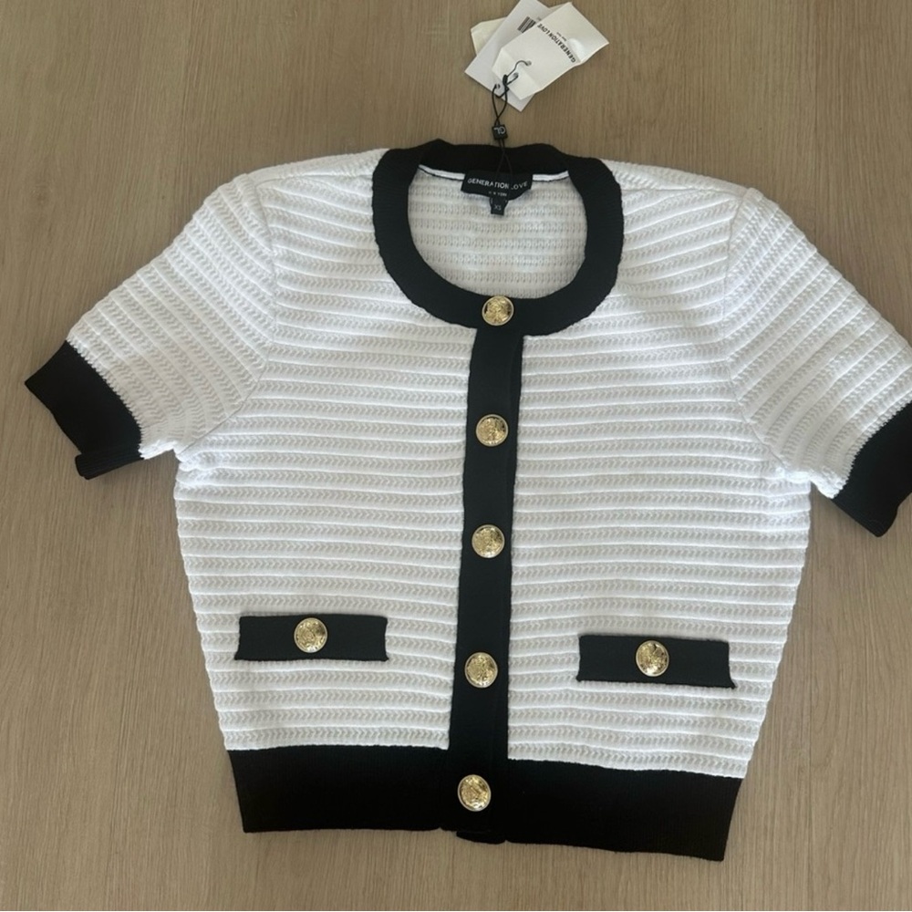 Generation Love Black and White Short Sleeve Knit Cardigan with gold buttons